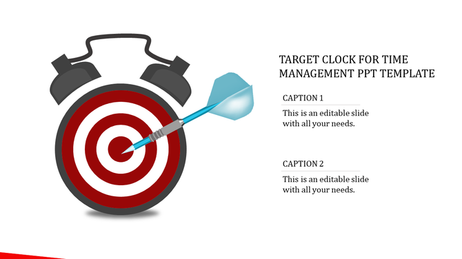 Target-themed alarm clock with a blue dart in the bullseye, symbolizing time management with two caption areas.