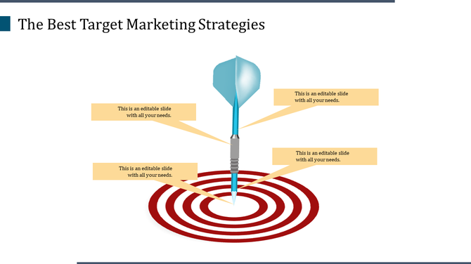Slide with a blue dart hitting a red target and four yellow text boxes representing marketing strategies.