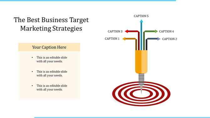 Target with concentric rings in red, with five arrows pointing outward in different colors and labeled captions.