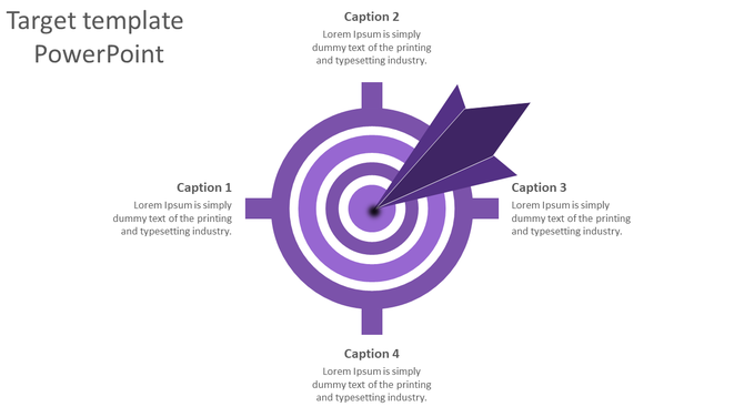 Target themed slide featuring a purple dartboard design, a bold arrow in the center, and four text placeholders.
