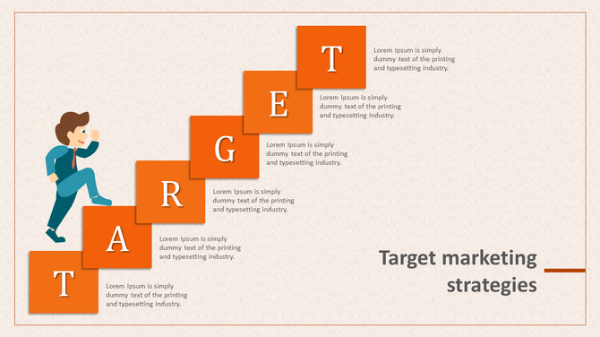 Marketing strategy slide featuring a stair step diagram with orange blocks and a character climbing upwards.