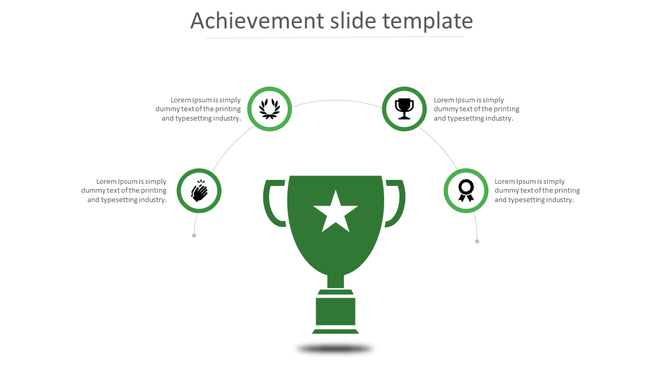 Achievement showcase infographic displaying a green trophy with a star, linked to four icons with green borders.