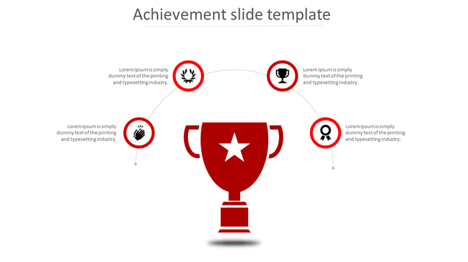 Red trophy icon at the center with four circular achievement icons connected in a semi-arc layout.