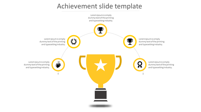PowerPoint slide showing a large trophy with five icons around it representing achievement, awards, and recognition.
