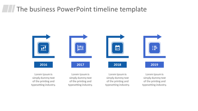 Timeline template with blue icons, arrows, and years from 2016 to 2019, arranged in a horizontal sequence.