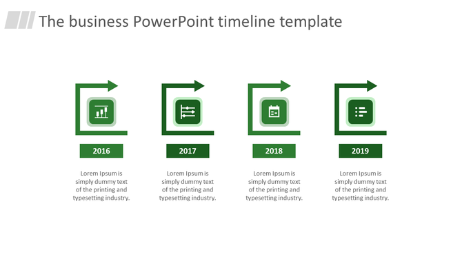 Timeline business PPT slide with green arrows and icons representing key milestones from 2016 to 2019 with placeholder text.