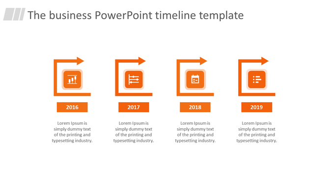 Timeline design with four orange square icons, arrows, and years from 2016 to 2019, structured in a horizontal flow.