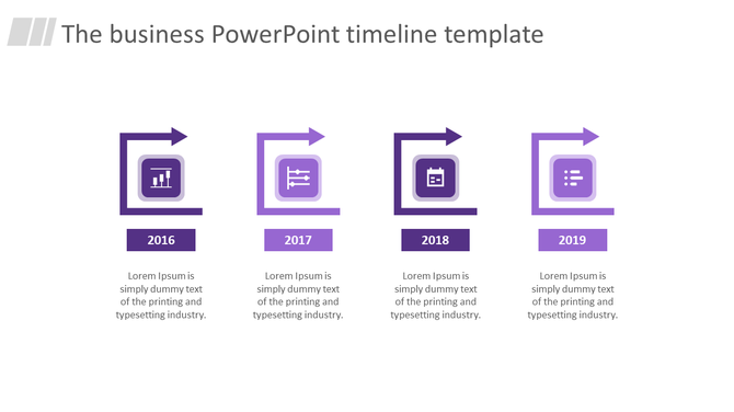 Timeline business PPT slide with purple arrows and icons representing key milestones from 2016 to 2019 with placeholder text.