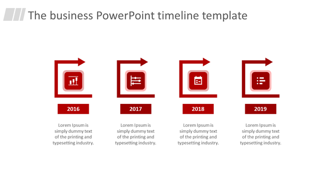 Business timeline from 2016 to 2019 featuring red square arrow with icons for data, chart, and planning, with captions areas.