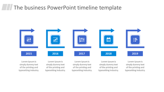 Timeline graphic from 2015 to 2019 with blue arrows, icons for data, charts, and lists, and year labels in bold rectangles.