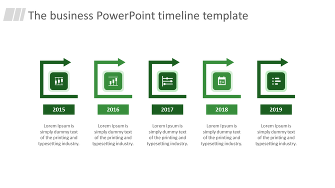 Modern timeline layout with green arrowed frames, square icons, and years from 2015 to 2019, arranged in sequence.