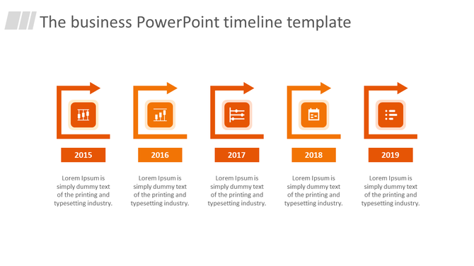 Business timeline from 2015 to 2019 featuring five orange arrow with icons for data, charts, and lists, along with captions.