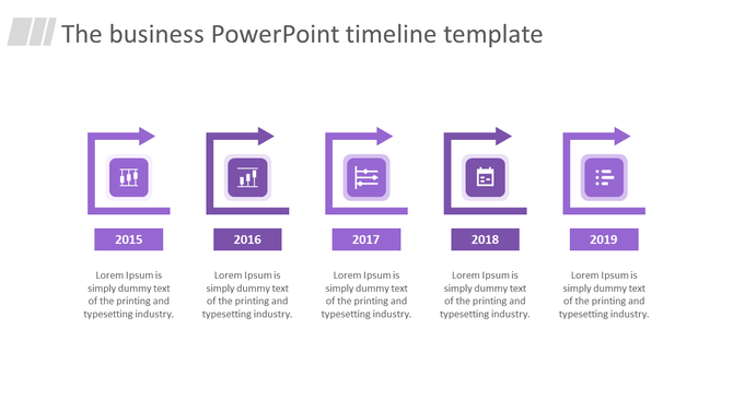 Purple timeline with five milestones from 2015 to 2019, each with icons inside square shapes and right facing arrows.