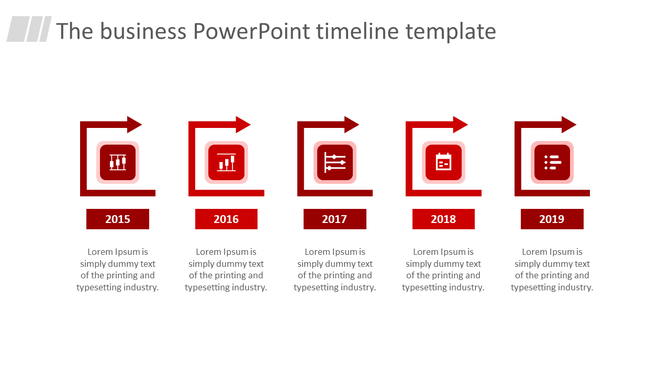 Timeline PPT template with arrows pointing from 2015 to 2019, each year marked with a red icon and description.