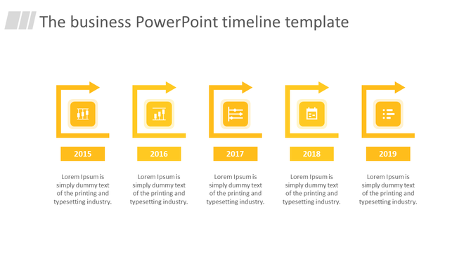 Yellow timeline from 2015 to 2019 with arrowed frames, icons for analytics, charts, and planning, and placeholder text.