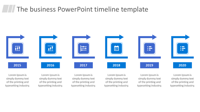 Business PowerPoint timeline template with blue arrows and icons showing milestones from 2015 to 2020.
