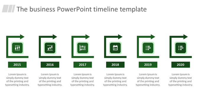 Timeline with green arrowed square frames, year labels from 2015 to 2020, and icons representing business and planning.