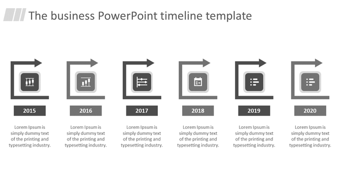 Business timeline template with gray icons, arrows, and years from 2015 to 2020, arranged in a horizontal sequence.