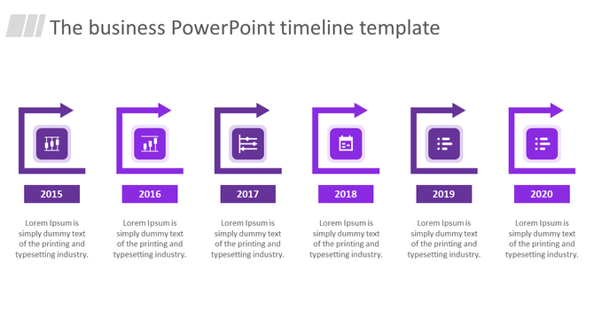 Six step timeline with purple arrowed square frames, year labels from 2015 to 2020, and icons representing business.