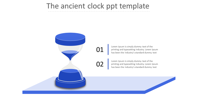 Clock PowerPoint template with a blue hourglass illustration and numbered steps with placeholder text.