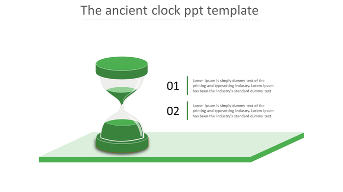 Illustration of a green hourglass on a 3D platform, accompanied by two numbered captions with placeholder text.