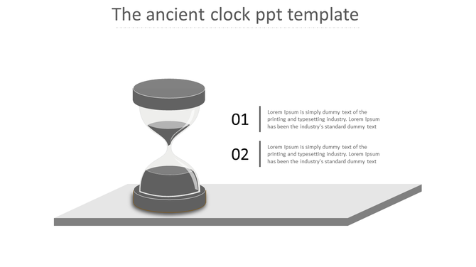 Gray hourglass on a platform with two numbered text sections, illustrating time management concepts.