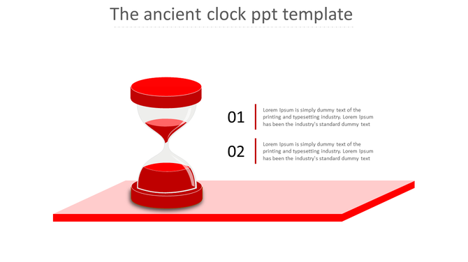 Red hourglass icon on a slanted platform with two numbered text sections on the right.