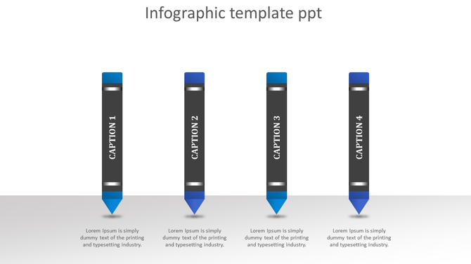 Infographic with four vertical pencil-shaped elements in blue and black, each labeled with a caption from 1 to 4. 