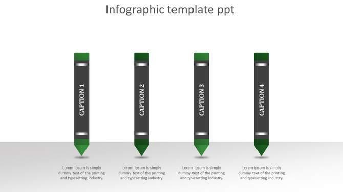 Four infographic pencils with green accents, arranged symmetrically with captions on a light gradient background.