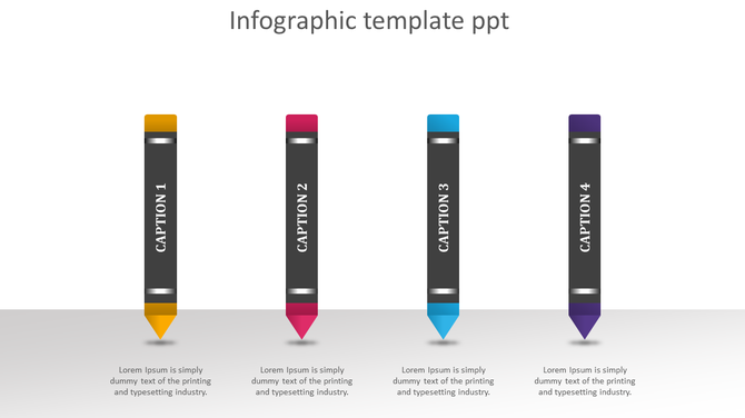 Structured infographic displaying four vertical pencil graphics with different colors, labeled sequentially with captions.