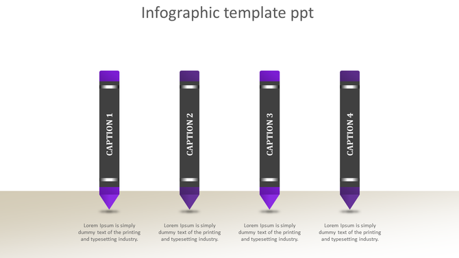 Four step infographic PowerPoint template featuring purple and grey pencils with numbered captions.