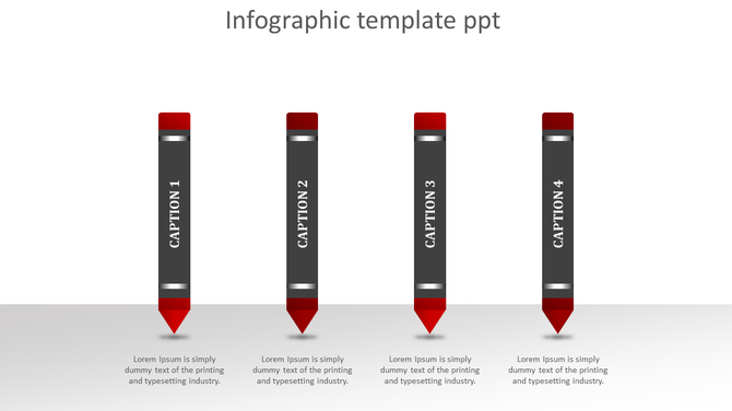 Structured infographic displaying four red-tipped vertical pencil graphics, each labeled with captions areas.
