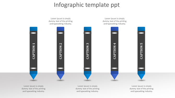 Infographic PowerPoint template with five blue numbered pencils and captions for each stage.