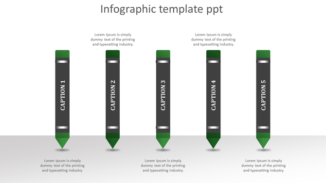 Infographic template with five vertical pencil graphics in green and black, each labeled with a caption from 1 to 5. 