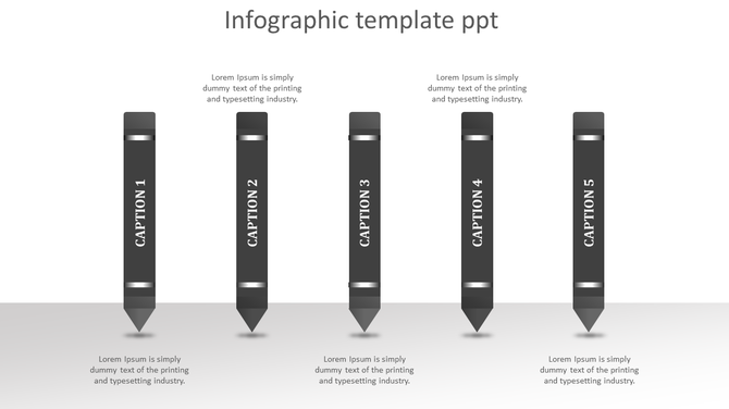 Structured layout of four standing pencils in black and gray, each labeled with white text, positioned on a light surface.