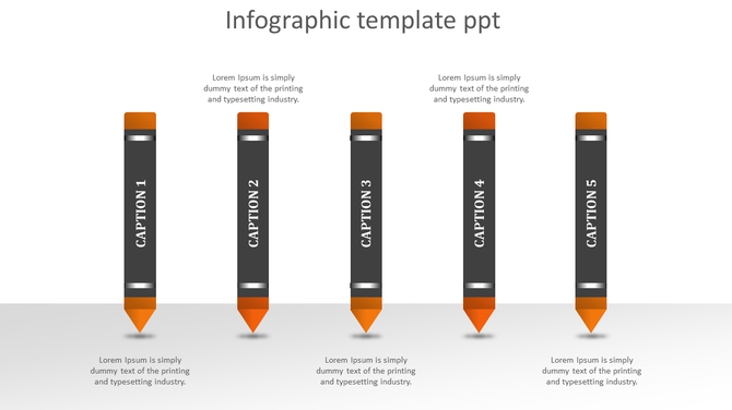 Infographic PowerPoint template with orange numbered pencils and captions for each stage.
