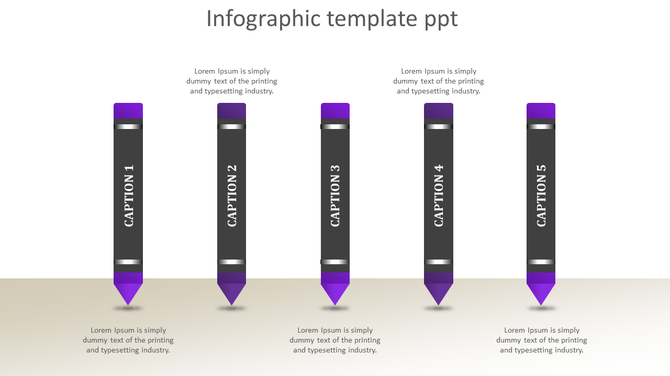A structured infographic displaying five vertical pencil graphics with purple accents, labeled with caption areas.