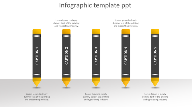 Infographic PowerPoint template with five yellow pencils, each representing a step with a caption.