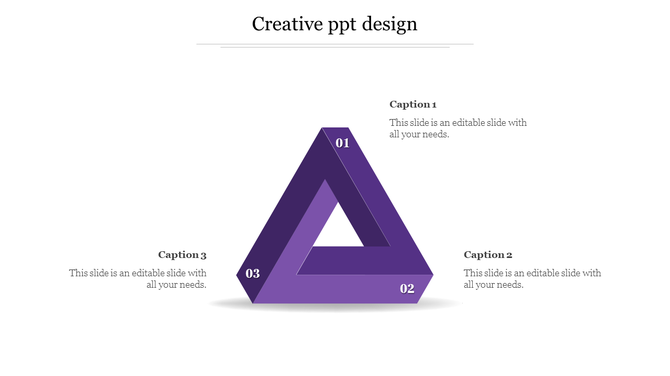 Creative 3D triangular infographic with a Penrose style design, numbered 01 to 03, linked to captions.