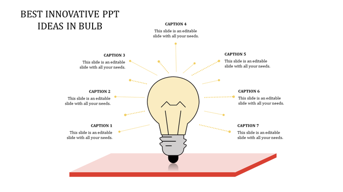 Light bulb illustration with dotted radiating lines and seven captions around, placed on a red platform.