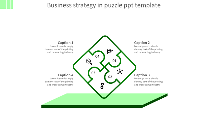 Business strategy puzzle diagram featuring a diamond shaped four-piece puzzle with icons, surrounded by caption areas.