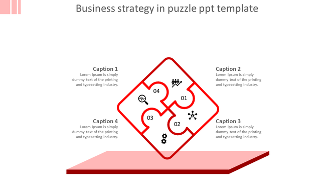 Business strategy puzzle diagram featuring a diamond-shaped four-piece puzzle with icons, surrounded by caption areas.