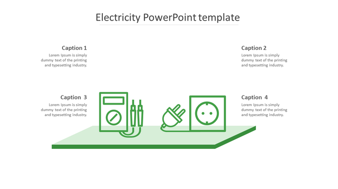 Electricity-themed slide showing icons of a multimeter, plug, and socket, with four labeled captions providing descriptions.