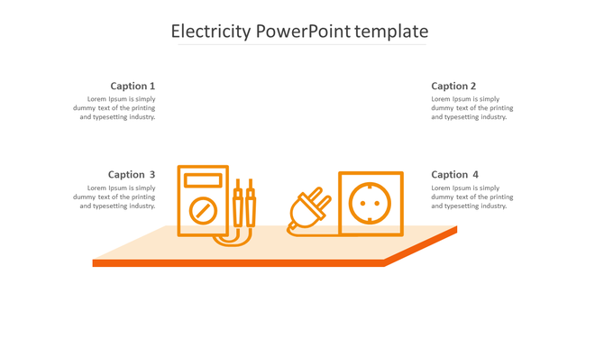 Electricity themed infographic with an orange outline of a plug, socket, and power supply on a 3D platform.