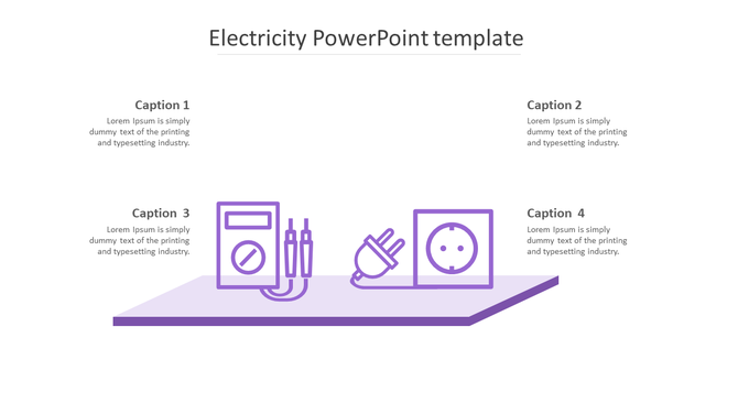Electricity themed PowerPoint slide with icons of an electric meter, wires, plug, and socket in purple outline.