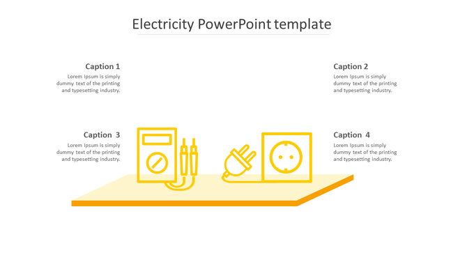 Electricity PowerPoint slide with yellow icons including a plug, socket, and wiring with captions.