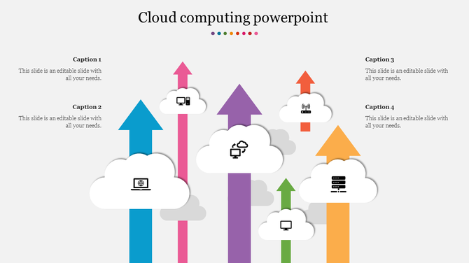 Vibrant arrows in blue, pink, purple, green, orange, and yellow, pointing upward through cloud icons with tech symbols.