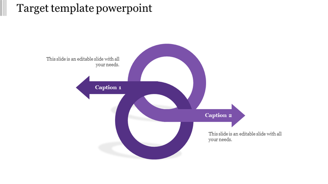 Interlinked target purple rings with two crossing arrows labeled Caption 1 and Caption 2, pointing in opposite directions.