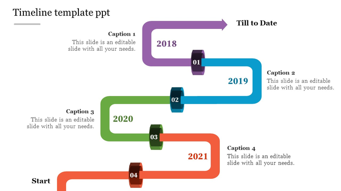 Colorful timeline with a curved layout, featuring numbered hexagons connected by purple, blue, green, and orange paths.