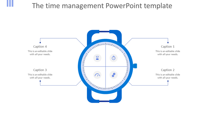 Slide with a central blue watch illustration divided into four quadrants, each connected to labeled captions on the sides.